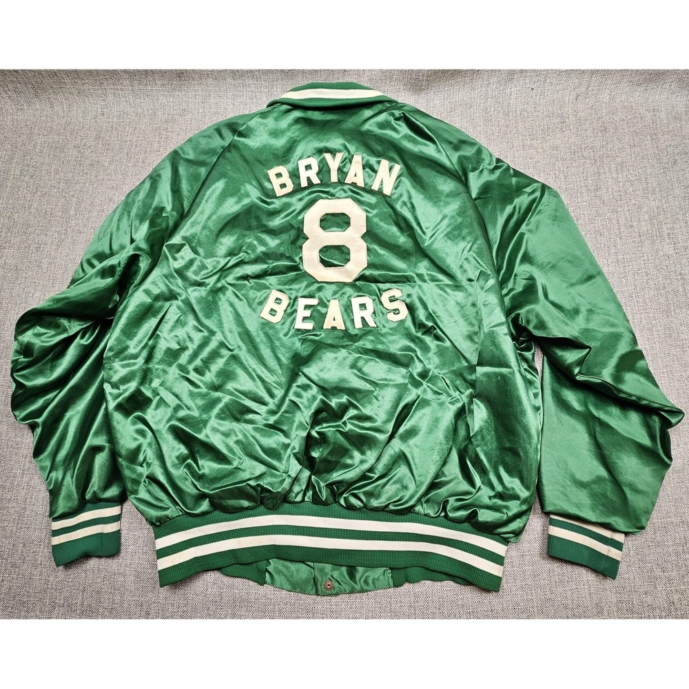 VTG Bryan Bears Jacket Mens XL Green Satin Coaches Snap #8 Gene Don Allester